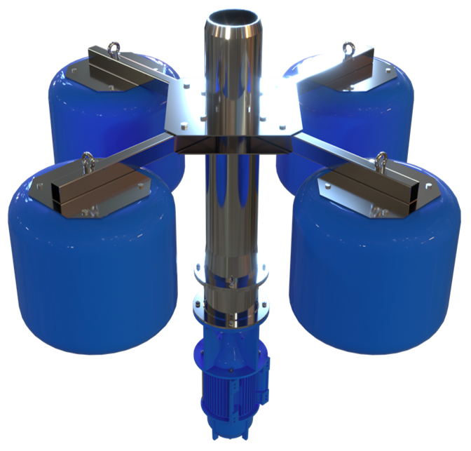 Aerador Submerso Propulsor ASP HIGRA com jato chafariz em lagoa de tratamento de efluentes