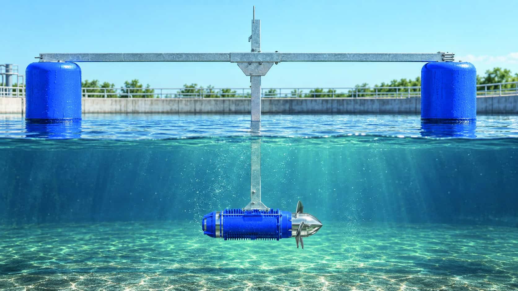 Aeradores e Misturadores 2 Aeradores e Misturadores Macro Homogeneizador Submerso MHS Maré HIGRA suspenso em quadro flutuante dentro de tanque de tratamento de efluentes
