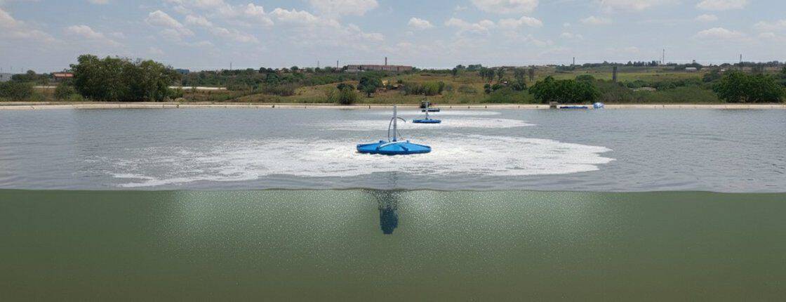 Aerador de Superfície Ciclone 4 Aerador de Superfície Ciclone Corte esquemático do aerador Ciclone HIGRA em lagoa de tratamento com zona de mistura radial na superfície