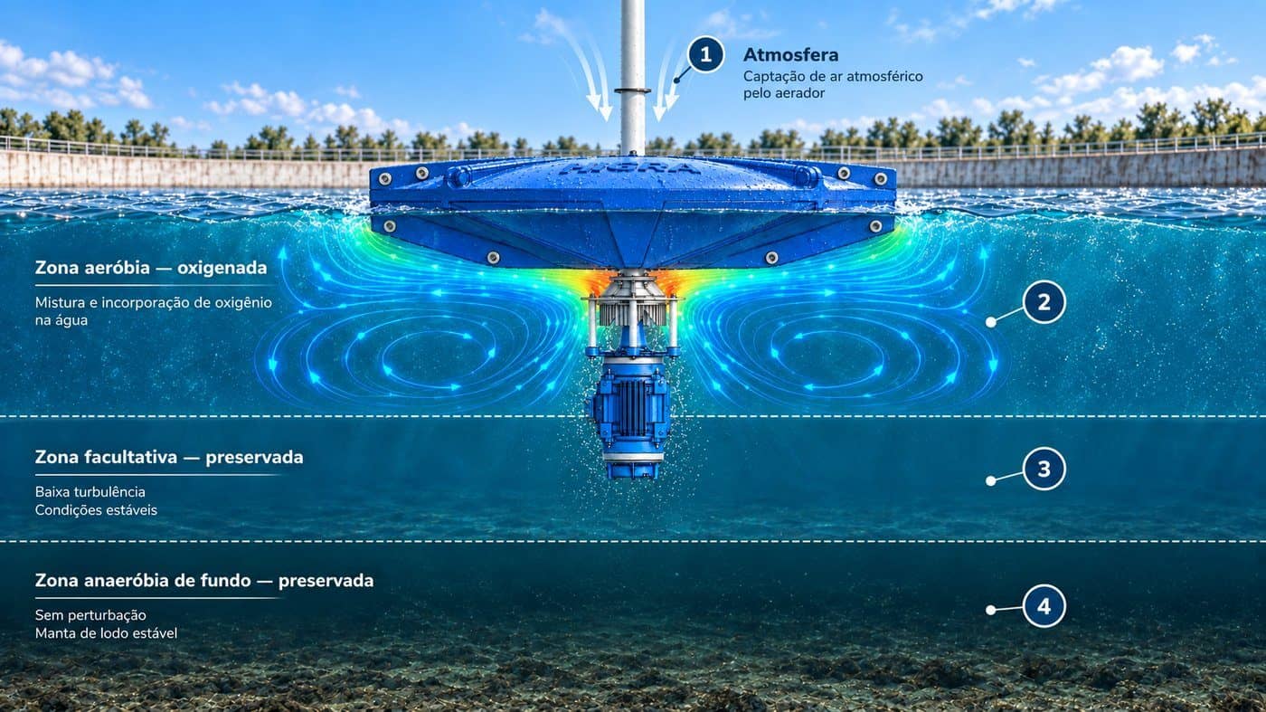 Aerador de Superfície Ciclone 5 Aerador de Superfície Ciclone Diagrama das quatro zonas de operação do aerador Ciclone HIGRA: atmosfera, zona aeróbia, zona facultativa e zona anaeróbia de fundo